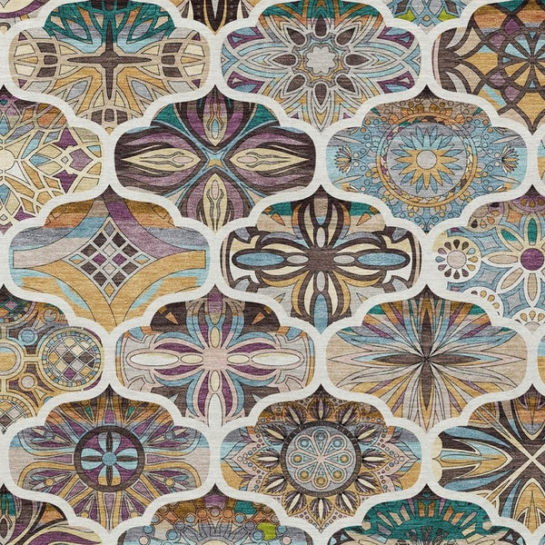 HomeRoots 5' Quatrefoil Washable Area Rug in Beige, Teal Blue, and Copper - Perfect for Indoor & Outdoor Use! 640653