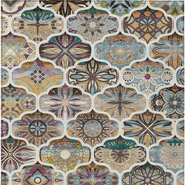 HomeRoots 5' Quatrefoil Washable Area Rug in Beige, Teal Blue, and Copper - Perfect for Indoor & Outdoor Use! 640653