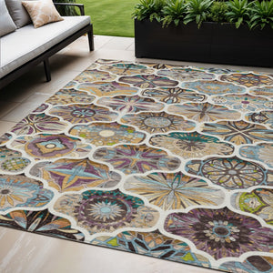 HomeRoots 5' Quatrefoil Washable Area Rug in Beige, Teal Blue, and Copper - Perfect for Indoor & Outdoor Use! 640653