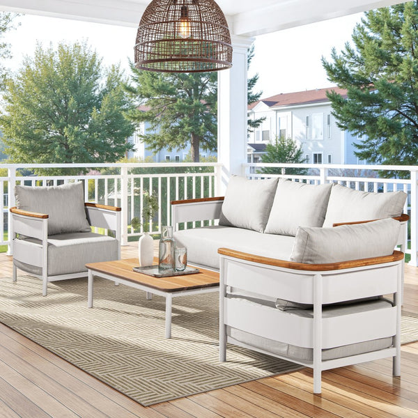 English Elm Jennifer Taylor Home - Rhodes 29" Upholstered Teak + Powder-Coated Aluminum Patio Arm Chair Birch Gray Chenille Cushions Durable Weather-Resistant Stylish Comfort for Outdoor Lounges B2719P321037