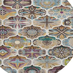 HomeRoots 8' Washable Round Quatrefoil Rug in Beige, Teal Blue & Copper - Durable, Stylish for Indoor/Outdoor Use 640654