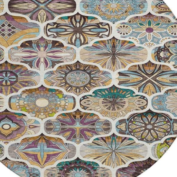 HomeRoots 8' Washable Round Quatrefoil Rug in Beige, Teal Blue & Copper - Durable, Stylish for Indoor/Outdoor Use 640654
