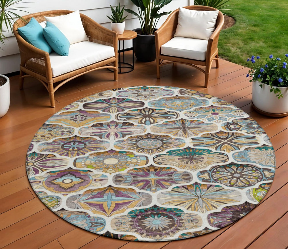 HomeRoots 8' Washable Round Quatrefoil Rug in Beige, Teal Blue & Copper - Durable, Stylish for Indoor/Outdoor Use 640654