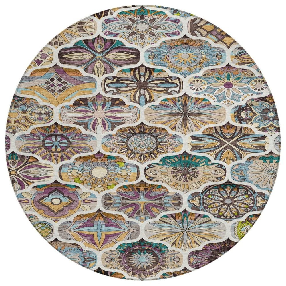 HomeRoots 8' Washable Round Quatrefoil Rug in Beige, Teal Blue & Copper - Durable, Stylish for Indoor/Outdoor Use 640654