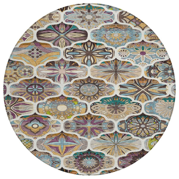 HomeRoots 8' Washable Round Quatrefoil Rug in Beige, Teal Blue & Copper - Durable, Stylish for Indoor/Outdoor Use 640654