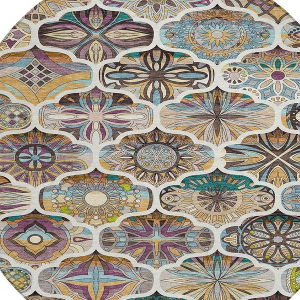 HomeRoots 8' Washable Round Quatrefoil Rug in Beige, Teal Blue & Copper - Durable, Stylish for Indoor/Outdoor Use 640654