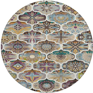 HomeRoots 8' Washable Round Quatrefoil Rug in Beige, Teal Blue & Copper - Durable, Stylish for Indoor/Outdoor Use 640654