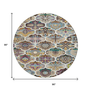 HomeRoots 8' Washable Round Quatrefoil Rug in Beige, Teal Blue & Copper - Durable, Stylish for Indoor/Outdoor Use 640654