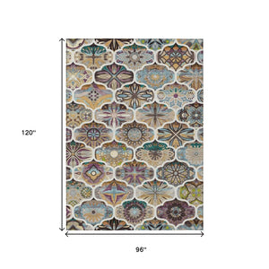 HomeRoots 8' X 10' Washable Quatrefoil Area Rug in Beige, Teal Blue & Copper – Stylish, Durable & Versatile! 640655