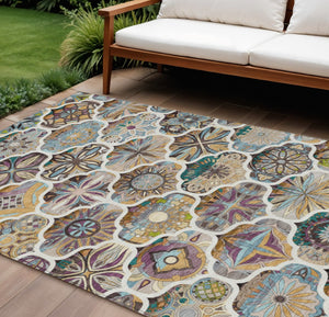 HomeRoots 8' X 10' Washable Quatrefoil Area Rug in Beige, Teal Blue & Copper – Stylish, Durable & Versatile! 640655
