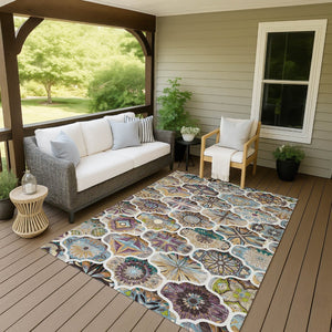 HomeRoots 8' X 10' Washable Quatrefoil Area Rug in Beige, Teal Blue & Copper – Stylish, Durable & Versatile! 640655