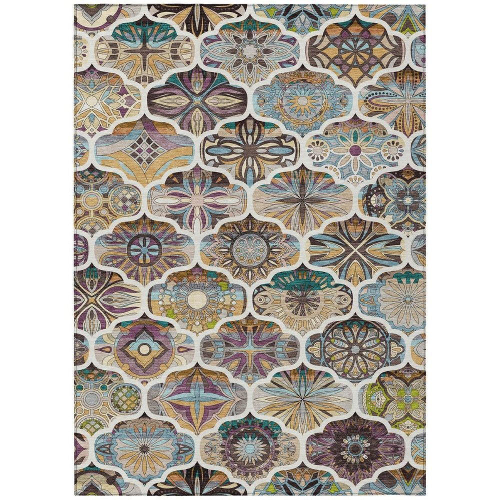 HomeRoots 8' X 10' Washable Quatrefoil Area Rug in Beige, Teal Blue & Copper – Stylish, Durable & Versatile! 640655