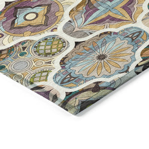 HomeRoots 8' X 10' Washable Quatrefoil Area Rug in Beige, Teal Blue & Copper – Stylish, Durable & Versatile! 640655