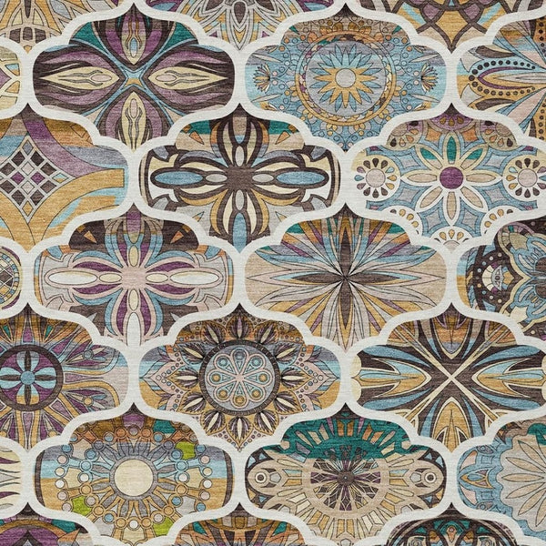 HomeRoots 8' X 10' Washable Quatrefoil Area Rug in Beige, Teal Blue & Copper – Stylish, Durable & Versatile! 640655