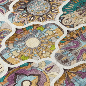 HomeRoots 8' X 10' Washable Quatrefoil Area Rug in Beige, Teal Blue & Copper – Stylish, Durable & Versatile! 640655
