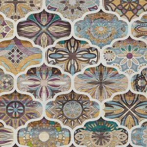 HomeRoots 9' Quatrefoil Area Rug in Beige, Teal Blue & Copper - Washable for Indoor/Outdoor Use & Durability 640656