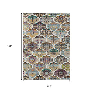 HomeRoots 10' Indoor Outdoor Beige Teal Blue Copper Quatrefoil Area Rug - Washable, Durable, Non-Slip Design 640657