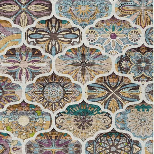 HomeRoots 10' Indoor Outdoor Beige Teal Blue Copper Quatrefoil Area Rug - Washable, Durable, Non-Slip Design 640657