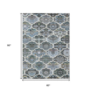 HomeRoots 5' X 8' Stylish Blue & Ivory Quatrefoil Area Rug - Durable, Washable, Perfect for Indoor/Outdoor Use! 640659