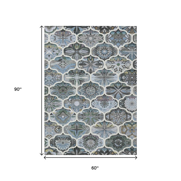 HomeRoots 5' X 8' Stylish Blue & Ivory Quatrefoil Area Rug - Durable, Washable, Perfect for Indoor/Outdoor Use! 640659