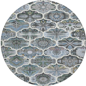 HomeRoots 8' Blue And Ivory Round Quatrefoil Rug - Durable, Washable Area Rug for Indoor & Outdoor Spaces 640660