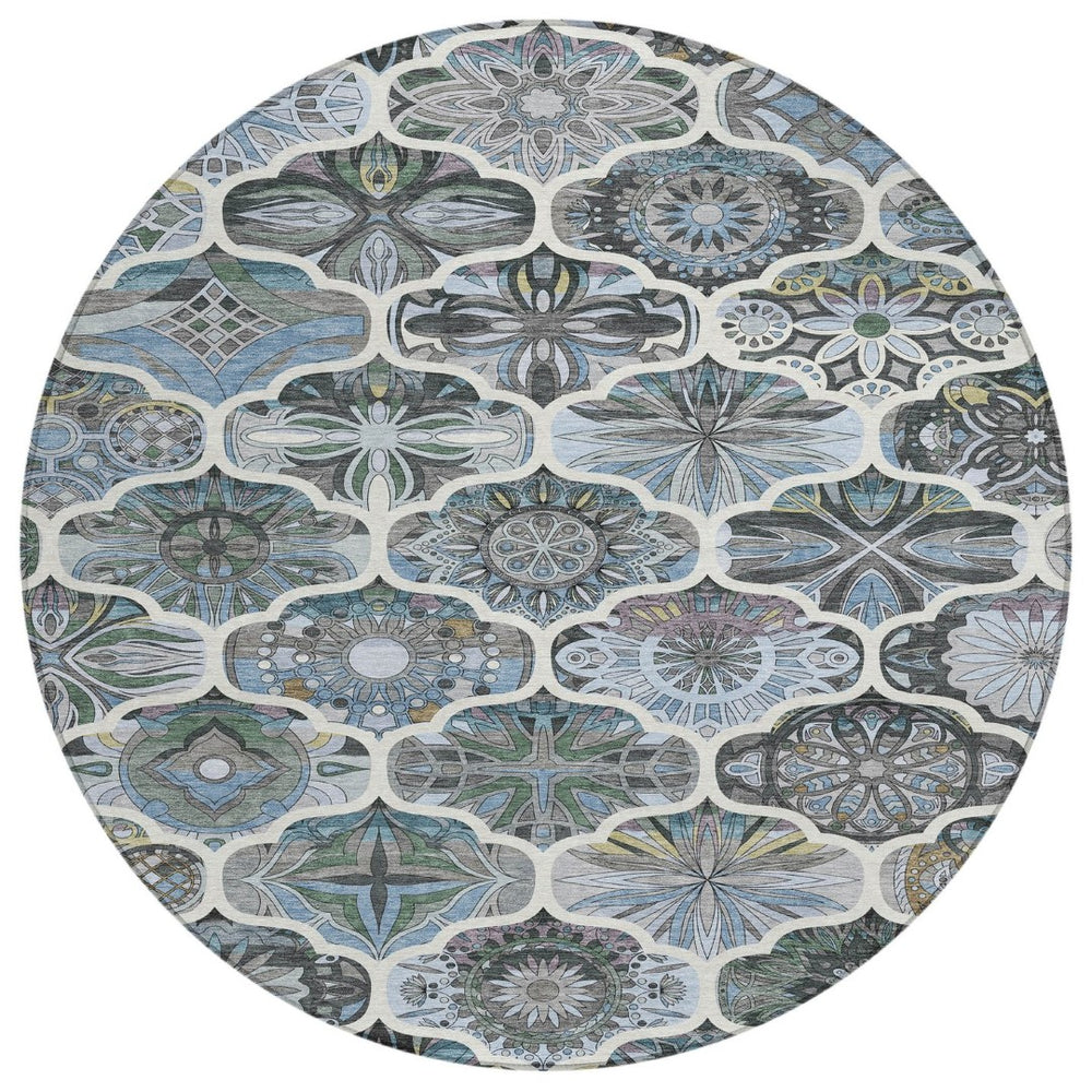 HomeRoots 8' Blue And Ivory Round Quatrefoil Rug - Durable, Washable Area Rug for Indoor & Outdoor Spaces 640660
