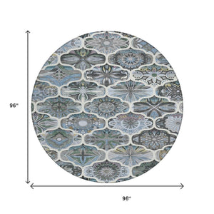 HomeRoots 8' Blue And Ivory Round Quatrefoil Rug - Durable, Washable Area Rug for Indoor & Outdoor Spaces 640660