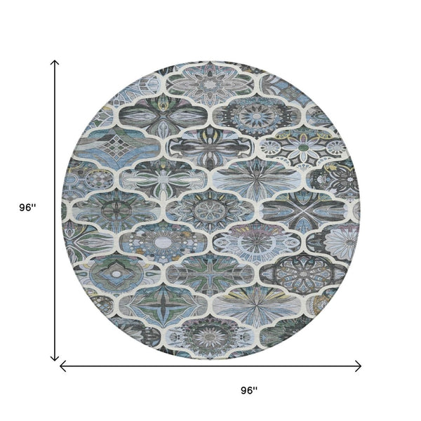 HomeRoots 8' Blue And Ivory Round Quatrefoil Rug - Durable, Washable Area Rug for Indoor & Outdoor Spaces 640660