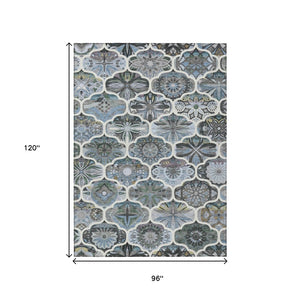 HomeRoots 8' X 10' Durable Blue and Ivory Quatrefoil Indoor Outdoor Area Rug – Stylish, Washable, Versatile Design! 640661