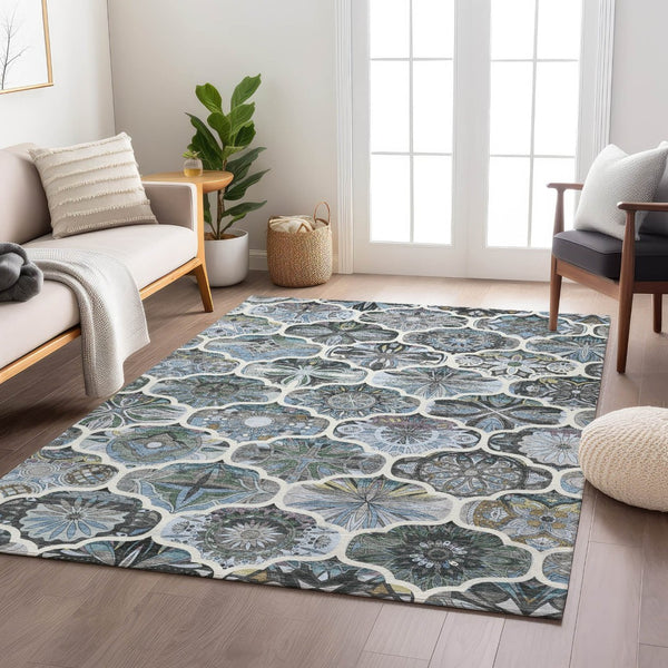 HomeRoots 8' X 10' Durable Blue and Ivory Quatrefoil Indoor Outdoor Area Rug – Stylish, Washable, Versatile Design! 640661