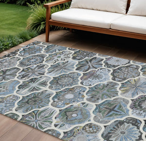 HomeRoots 10' X 14' Blue and Ivory Quatrefoil Area Rug - Stylish, Durable, Washable Indoor/Outdoor Design! 640663