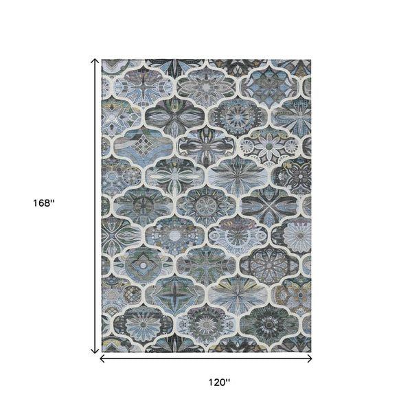 HomeRoots 10' X 14' Blue and Ivory Quatrefoil Area Rug - Stylish, Durable, Washable Indoor/Outdoor Design! 640663