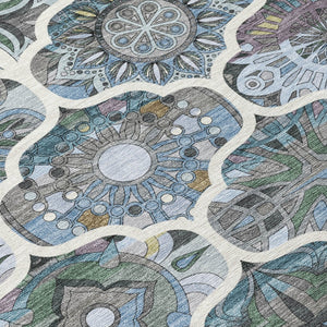HomeRoots 10' X 14' Blue and Ivory Quatrefoil Area Rug - Stylish, Durable, Washable Indoor/Outdoor Design! 640663