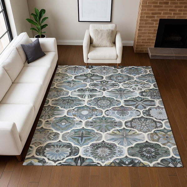 HomeRoots 10' X 14' Blue and Ivory Quatrefoil Area Rug - Stylish, Durable, Washable Indoor/Outdoor Design! 640663