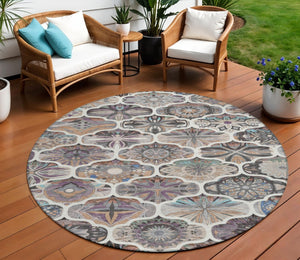 HomeRoots 8' Round Quatrefoil Area Rug in Gray, Lavender & Ivory - Washable, Durable, Ideal for Indoors & Outdoors 640666