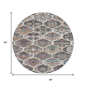 HomeRoots 8' Round Quatrefoil Area Rug in Gray, Lavender & Ivory - Washable, Durable, Ideal for Indoors & Outdoors 640666