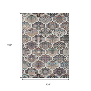 HomeRoots 10' Gray Lavender Ivory Quatrefoil Area Rug – Machine Washable, Durable for Indoor & Outdoor Use 640669