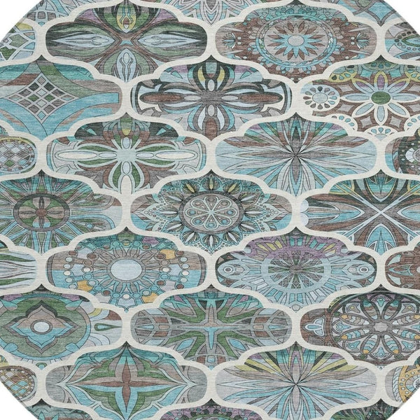 HomeRoots 8' Teal Blue Quatrefoil Area Rug - Stylish, Washable Indoor/Outdoor Rug for Versatile Living Spaces 640672