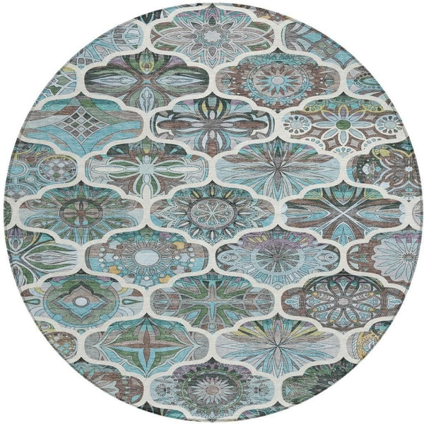 HomeRoots 8' Teal Blue Quatrefoil Area Rug - Stylish, Washable Indoor/Outdoor Rug for Versatile Living Spaces 640672