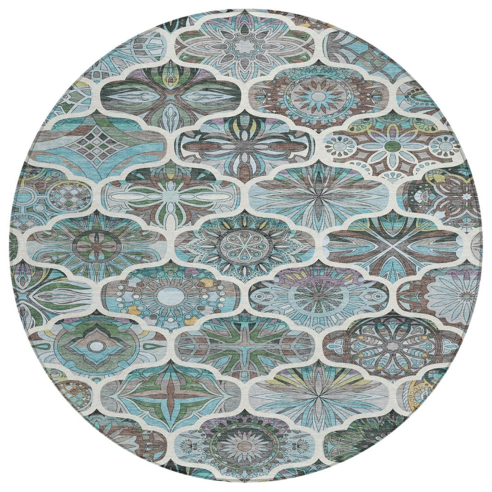 HomeRoots 8' Teal Blue Quatrefoil Area Rug - Stylish, Washable Indoor/Outdoor Rug for Versatile Living Spaces 640672