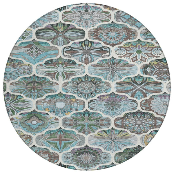 HomeRoots 8' Teal Blue Quatrefoil Area Rug - Stylish, Washable Indoor/Outdoor Rug for Versatile Living Spaces 640672