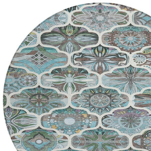 HomeRoots 8' Teal Blue Quatrefoil Area Rug - Stylish, Washable Indoor/Outdoor Rug for Versatile Living Spaces 640672