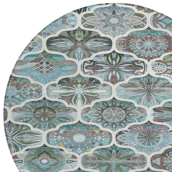 HomeRoots 8' Teal Blue Quatrefoil Area Rug - Stylish, Washable Indoor/Outdoor Rug for Versatile Living Spaces 640672