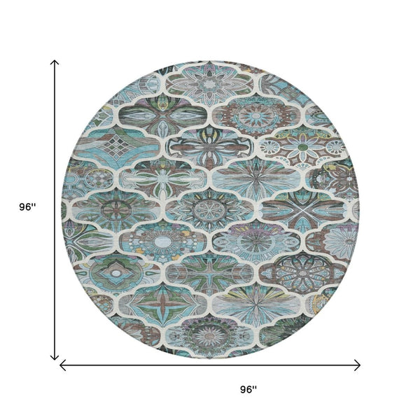 HomeRoots 8' Teal Blue Quatrefoil Area Rug - Stylish, Washable Indoor/Outdoor Rug for Versatile Living Spaces 640672