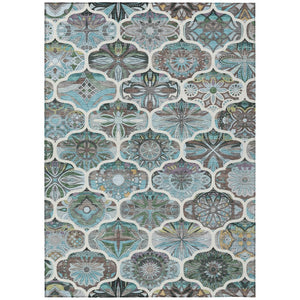 HomeRoots 8' Teal Blue & Ivory Quatrefoil Area Rug - Washable, Durable, Stylish for Indoor & Outdoor Spaces! 640673