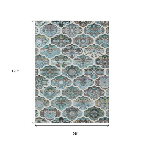 HomeRoots 8' Teal Blue & Ivory Quatrefoil Area Rug - Washable, Durable, Stylish for Indoor & Outdoor Spaces! 640673