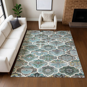 HomeRoots 8' Teal Blue & Ivory Quatrefoil Area Rug - Washable, Durable, Stylish for Indoor & Outdoor Spaces! 640673