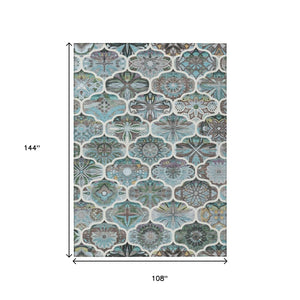 HomeRoots 9' Teal Blue & Ivory Quatrefoil Area Rug - Washable, Durable Design for Indoor & Outdoor Spaces 640674