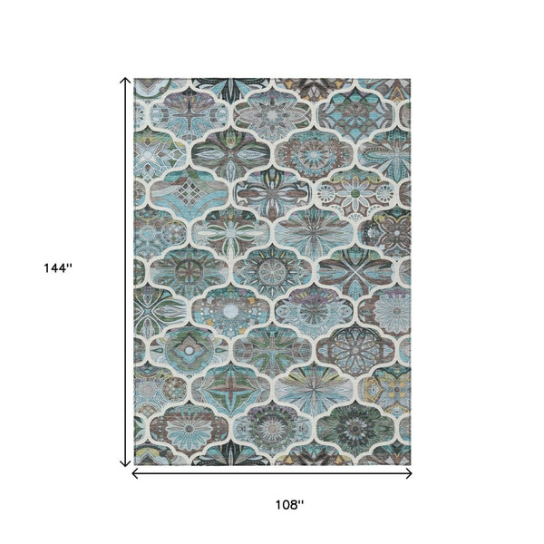 HomeRoots 9' Teal Blue & Ivory Quatrefoil Area Rug - Washable, Durable Design for Indoor & Outdoor Spaces 640674