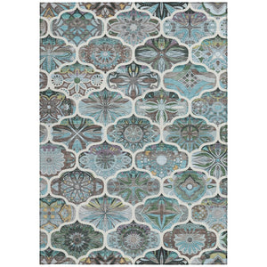 HomeRoots 9' Teal Blue & Ivory Quatrefoil Area Rug - Washable, Durable Design for Indoor & Outdoor Spaces 640674